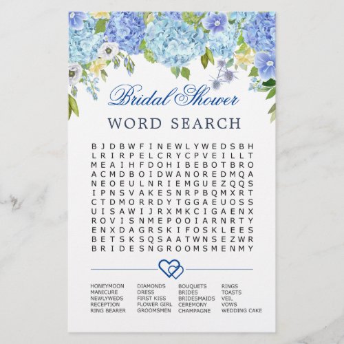 Blue Hydrangea  Word Search Bridal Shower Game