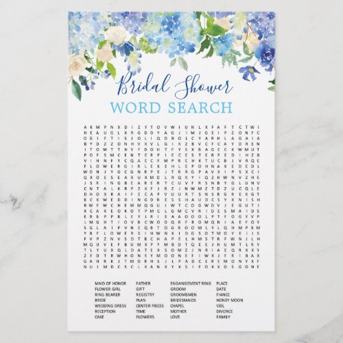 Blue Hydrangea  Word Search Bridal Shower Game