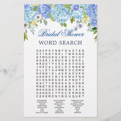 Blue Hydrangea  Word Search Bridal Shower Game