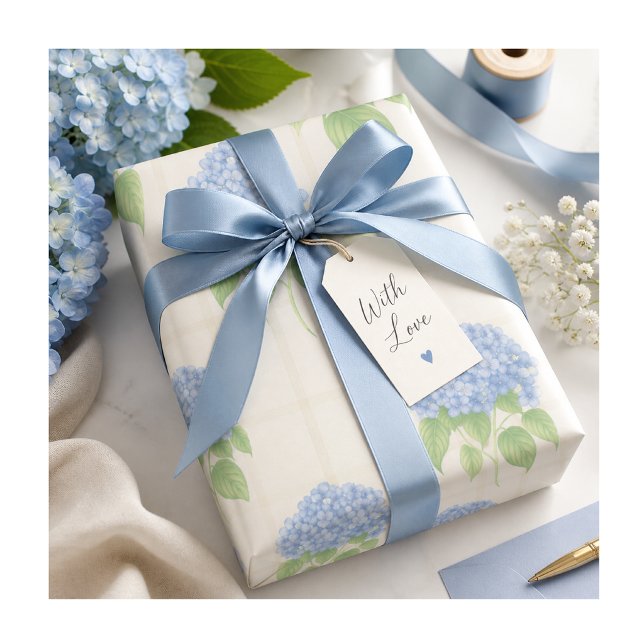 Blue Hydrangea Wrapping Paper Floral Gift (Soft blue hydrangea gift wrap with silky ribbon—perfect for elegant, heartfelt gifting moments)
