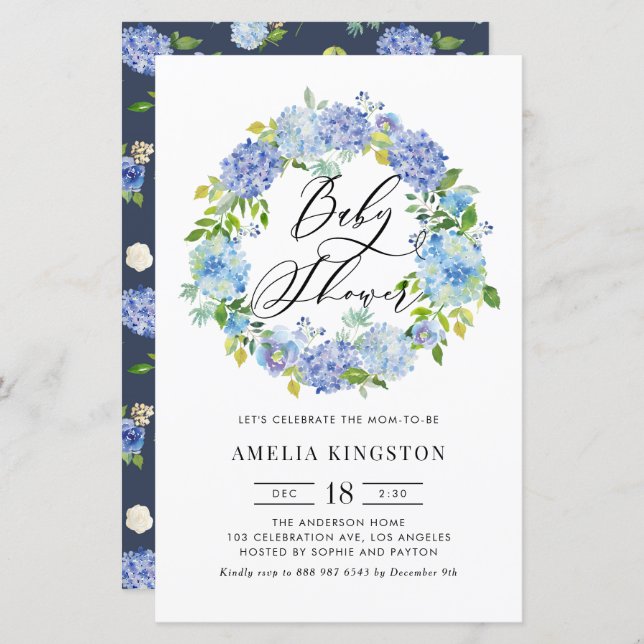 Blue Hydrangea Wreath Baby Shower Invitation (Front/Back)