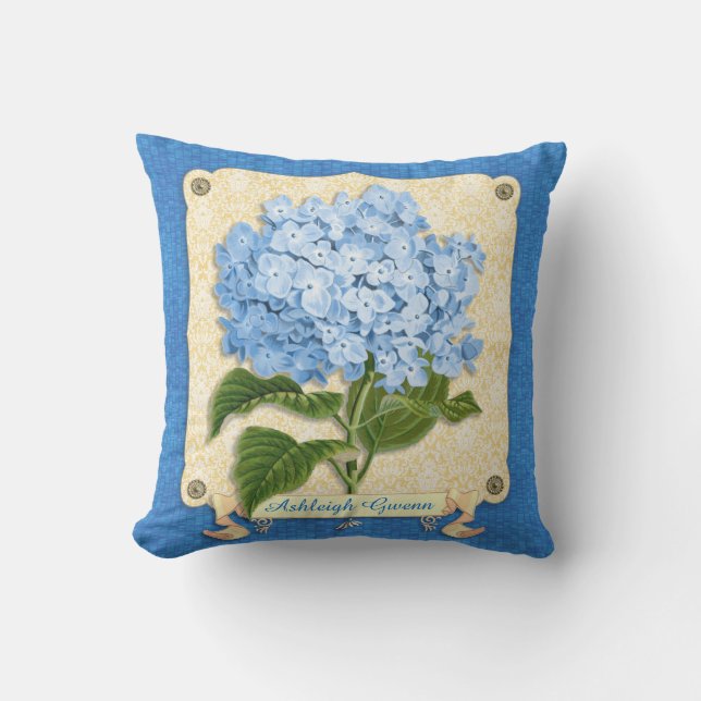 Blue Hydrangea Yellow Damask Banner Tile Cutouts Throw Pillow (Front)