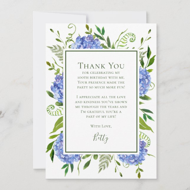 Blue Hydrangeas 100th Birthday  Thank You Card (Front)