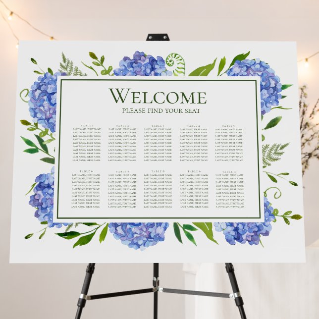 Blue Hydrangeas 10 Table Seating Chart Foam Board (In Situ (Stand))