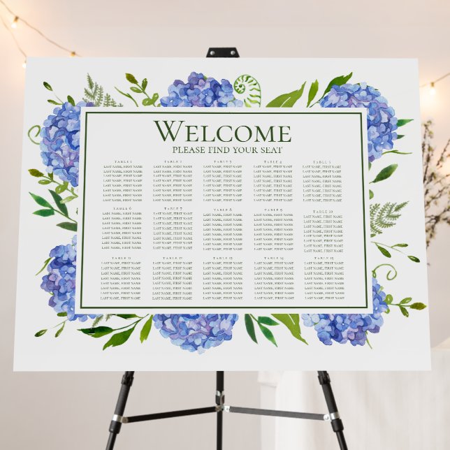 Blue Hydrangeas 15 Table Seating Chart Foam Board (In Situ (Stand))
