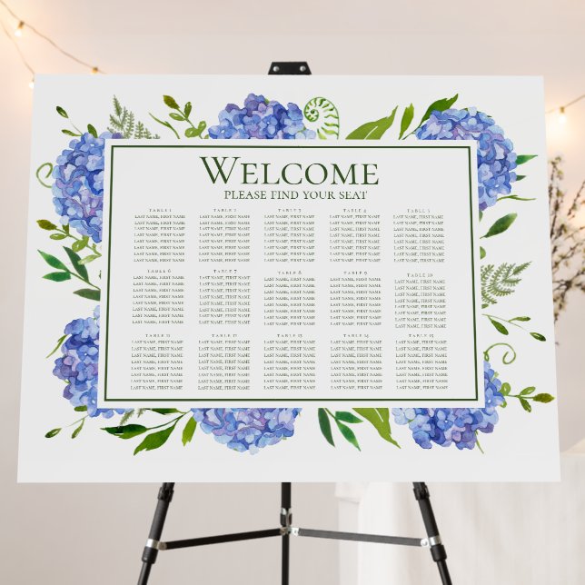 Blue Hydrangeas 15 Table Seating Chart Foam Board (In Situ (Stand))
