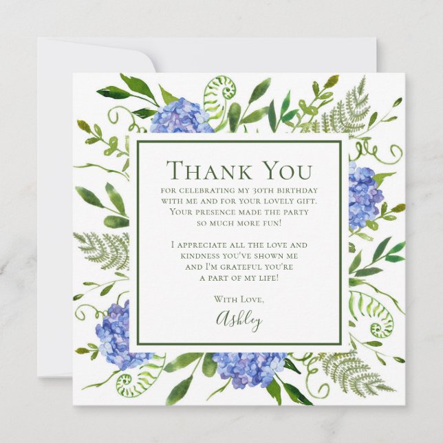 Blue Hydrangeas 30th Birthday  Thank You Card (Front)