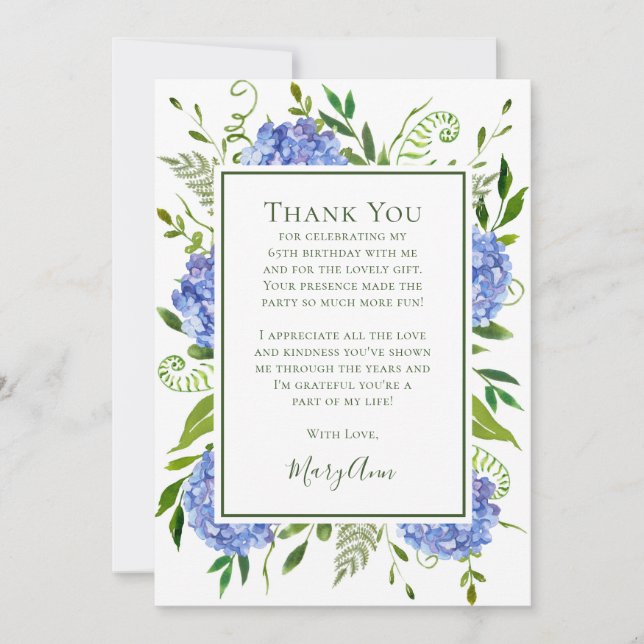 Blue Hydrangeas 65th Birthday  Thank You Card (Front)
