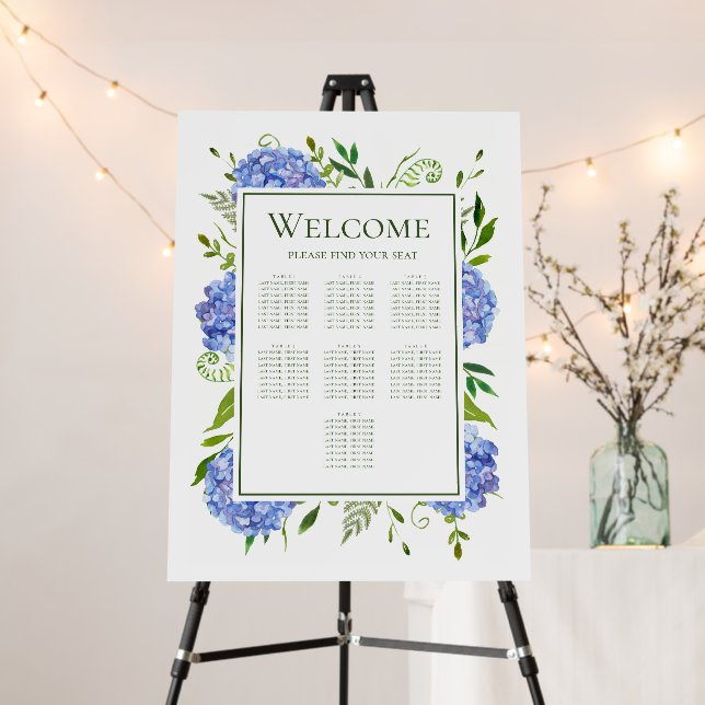 Blue Hydrangeas 7 Table Seating Chart Foam Board (In Situ (Stand))