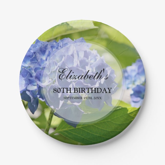 Blue Hydrangeas 80th Birthday Party Paper Plates (Front)