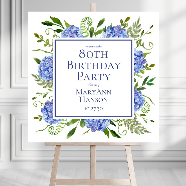 Blue Hydrangeas 80th Birthday Party Welcome Sign (Creator Uploaded)