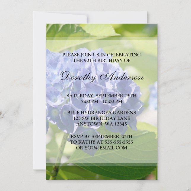 Blue Hydrangeas 90th Birthday Party Invitations (Front)