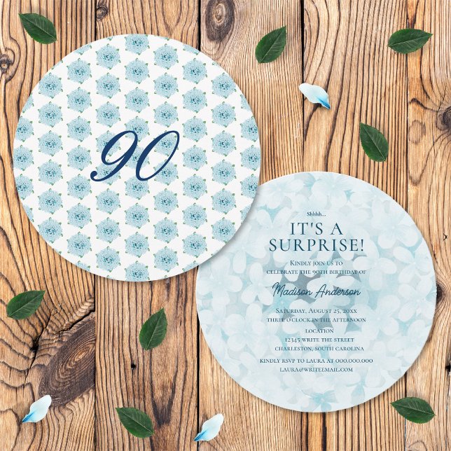Blue Hydrangeas 90th Surprise Birthday Party Invitation (Front and Back)