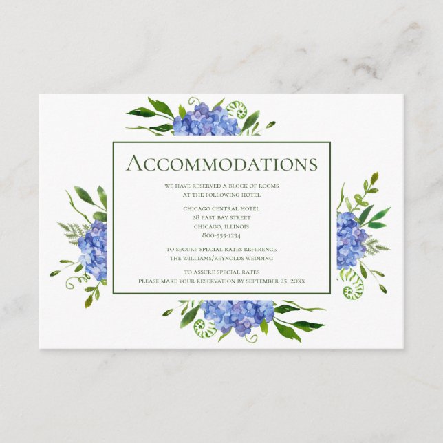 Blue Hydrangeas Accommodations Enclosure Card (Front)