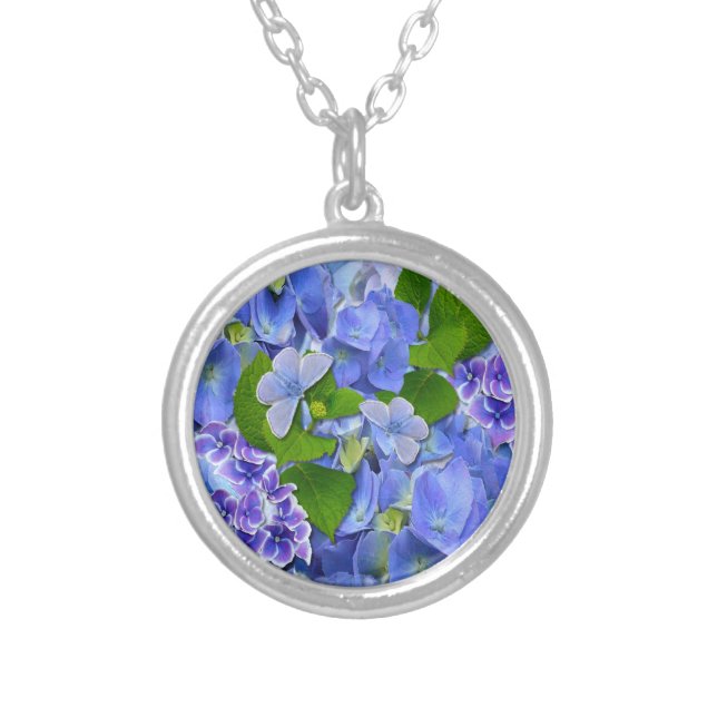 Blue Hydrangeas and Butterflies Silver Plated Necklace (Front)