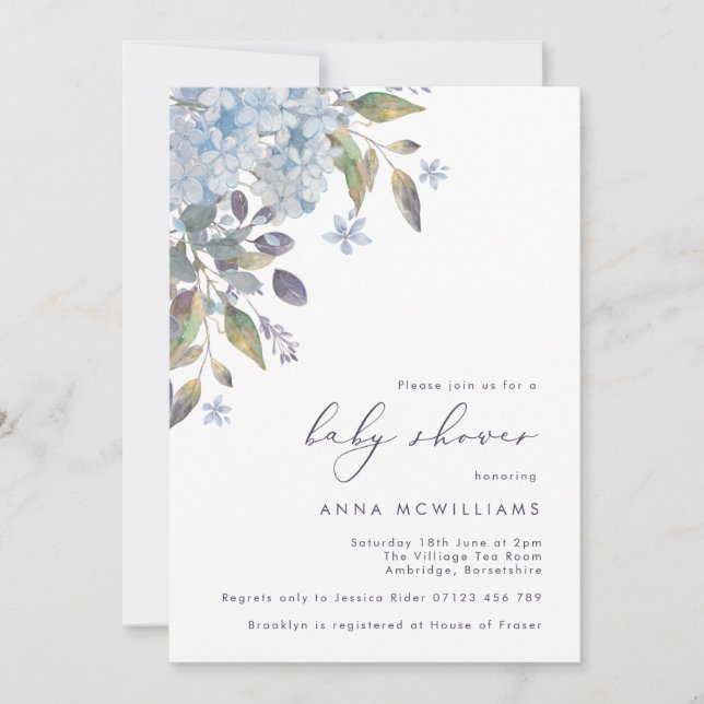Blue Hydrangeas and Calligraphy Baby Shower Invitation (Front)