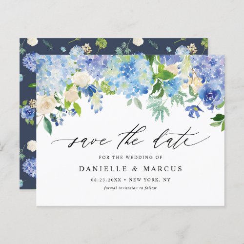 Blue Hydrangeas and Ivory Roses Save The Date