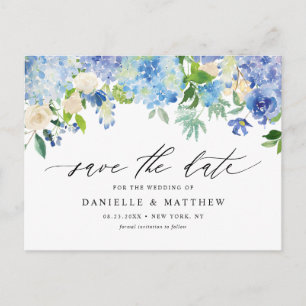 Blue Hydrangeas and Ivory Roses Save The Date Postcard
