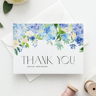 Blue Hydrangeas and Ivory Roses Wedding Letterpress Thank You Card