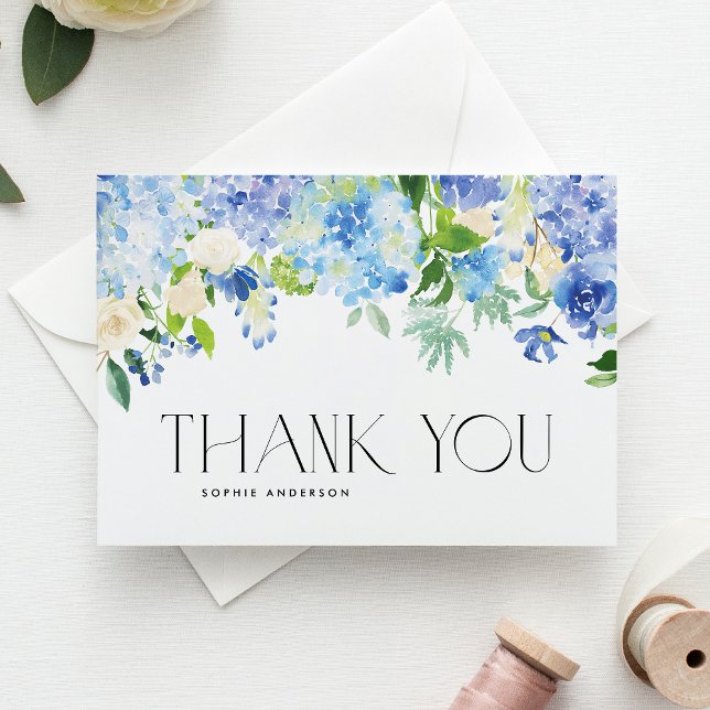 Blue Hydrangeas and Ivory Roses Wedding Letterpress Thank You Card (Creator Uploaded)