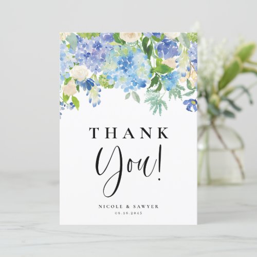 Blue Hydrangeas and Ivory Roses Wedding Thank You Card