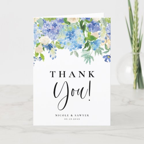 Blue Hydrangeas and Ivory Roses Wedding Thank You Card