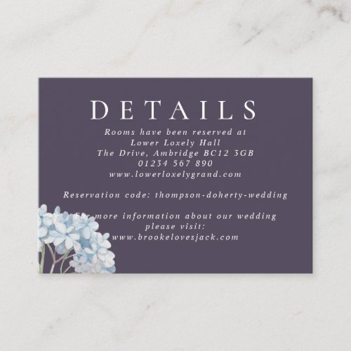 Blue Hydrangeas and Navy Wedding Details Enclosure Card