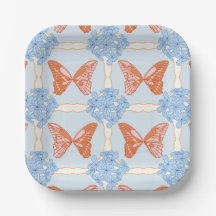Blue Hydrangeas and Pink and Orange Butterflies