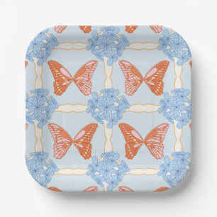 Blue Hydrangeas and Pink and Orange Butterflies Paper Plates