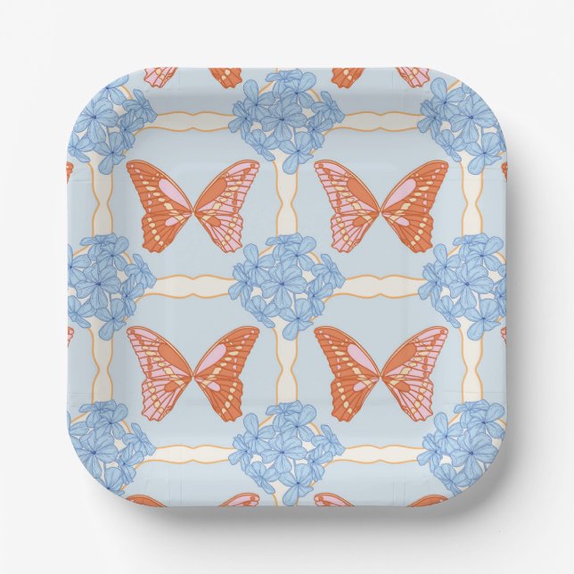 Blue Hydrangeas and Pink and Orange Butterflies Paper Plates (Front)