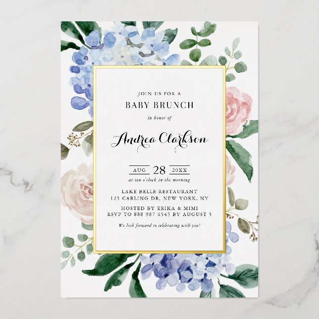 Blue Hydrangeas and Pink Roses Baby Brunch Foil Invitation (Front)