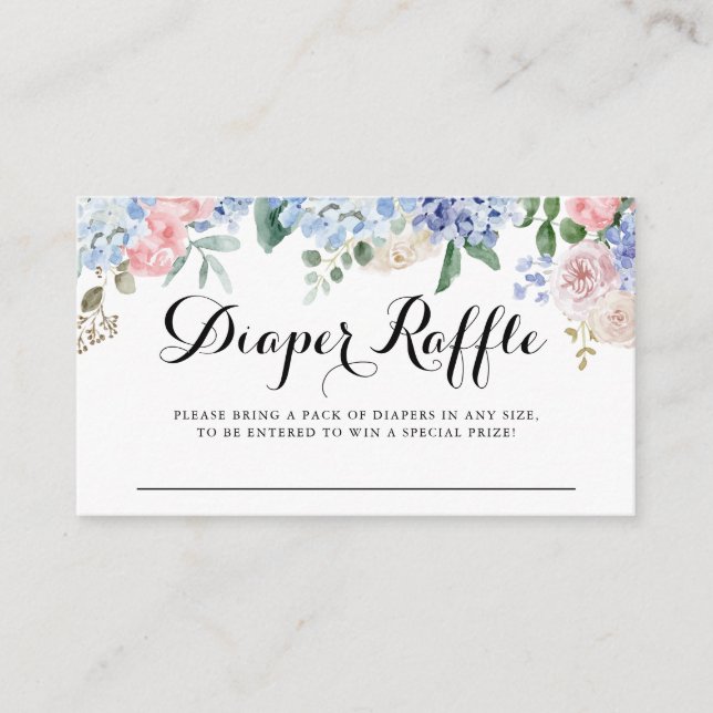 Blue Hydrangeas and Pink Roses Baby Diaper Raffle Enclosure Card (Front)