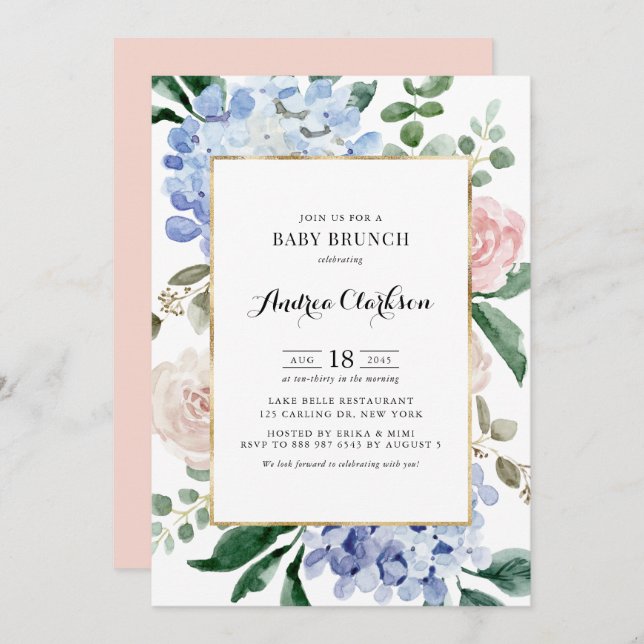 Blue Hydrangeas and Pink Roses Baby Shower Brunch Invitation (Front/Back)