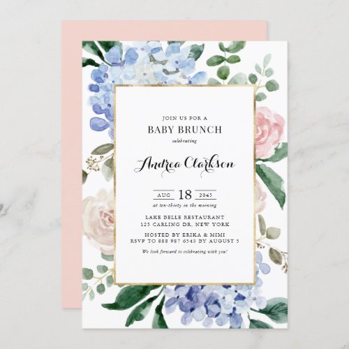 Blue Hydrangeas and Pink Roses Baby Shower Brunch Invitation