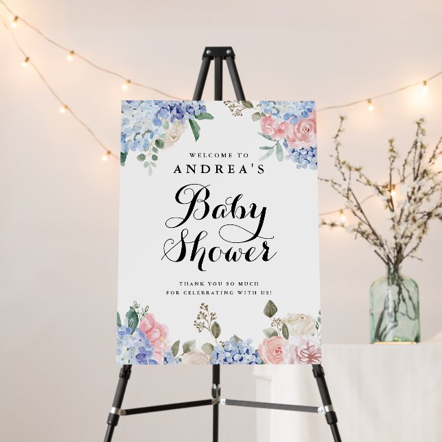 Blue Hydrangeas and Pink Roses Baby Shower Welcome Foam Board (In Situ (Stand))