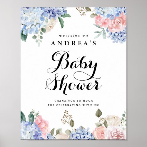 Blue Hydrangeas and Pink Roses Baby Shower Welcome Poster