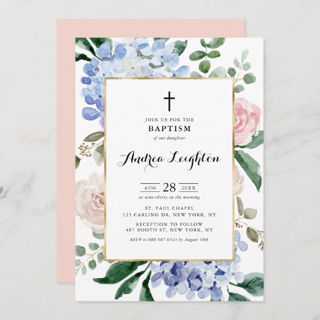 Blue Hydrangeas and Pink Roses Baptism Invitation (Front/Back)