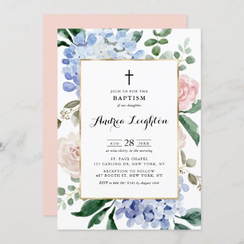 Blue Hydrangeas and Pink Roses Baptism Invitation