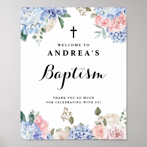 Blue Hydrangeas and Pink Roses Baptism Welcome Poster