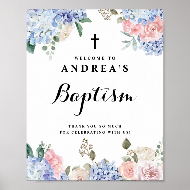 Blue Hydrangeas and Pink Roses Baptism Welcome Poster (Front)