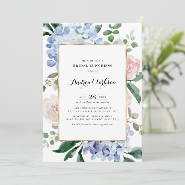 Blue Hydrangeas and Pink Roses Bridal Luncheon Invitation (Standing Front)