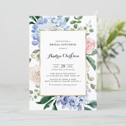 Blue Hydrangeas and Pink Roses Bridal Luncheon Invitation