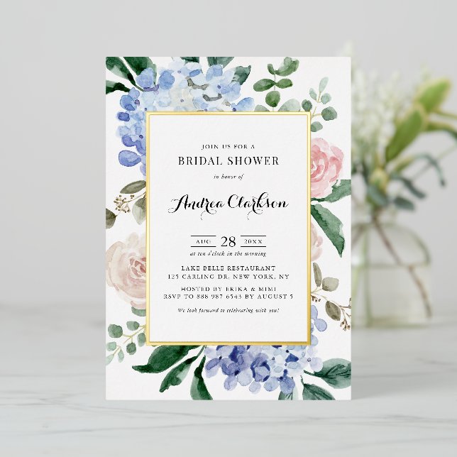Blue Hydrangeas and Pink Roses Bridal Shower Foil Invitation (Standing Front)