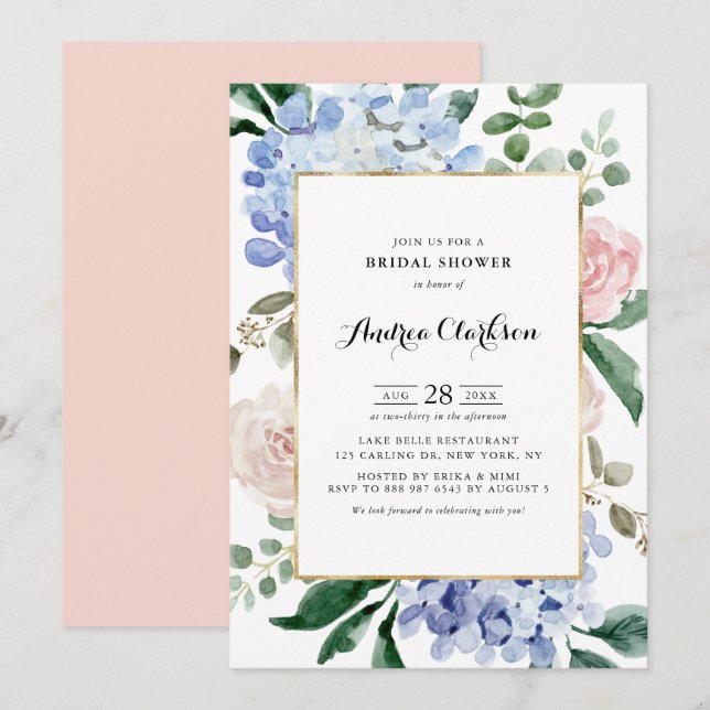 Blue Hydrangeas and Pink Roses Bridal Shower Invitation (Front/Back)