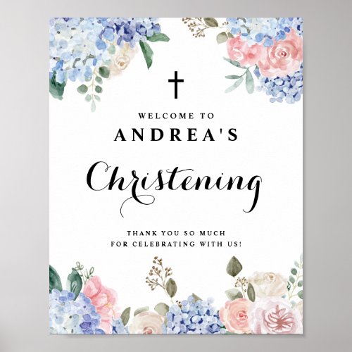 Blue Hydrangeas and Pink Roses Christening Welcome Poster