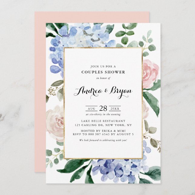 Blue Hydrangeas and Pink Roses Couples Shower Invitation (Front/Back)