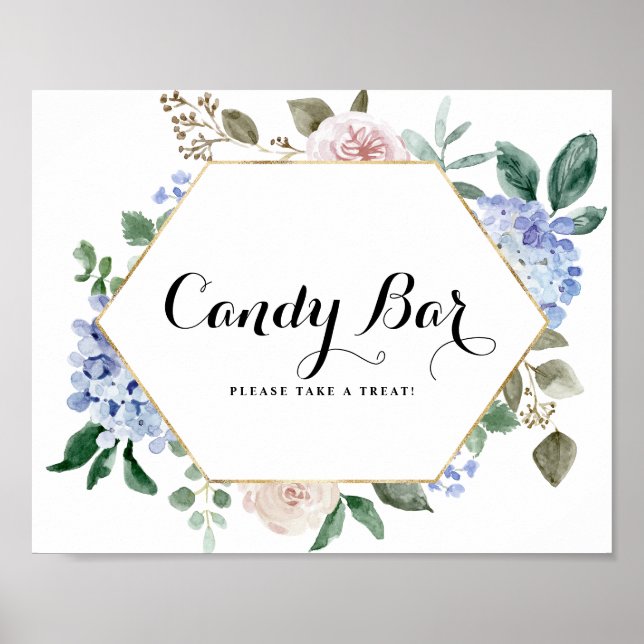 Blue Hydrangeas and Pink Roses Gold Candy Bar Poster (Front)