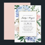 Blue Hydrangeas and Pink Roses Wedding Anniversary Invitation<br><div class="desc">Invite family and friends to your event with this floral wedding anniversary invitation. It features watercolor illustrations of blue hydrangeas, blush pink roses, eucalyptus and greenery with faux gold foil frame. Personalize by adding event, name, time, date, venue and other event details. You can also change the back image to...</div>