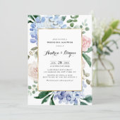 Blue Hydrangeas and Pink Roses Wedding Shower Invitation (Standing Front)
