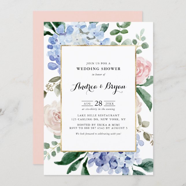 Blue Hydrangeas and Pink Roses Wedding Shower Invitation (Front/Back)